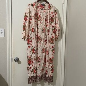 Angie Floral Duster Kimono Maxi Cardigan Boho Pink Cream Small
